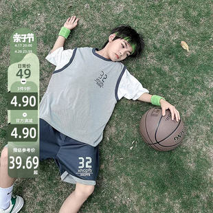 熊猫圆圆儿童速干运动套装男童，夏装2024男孩夏季假两件篮球服