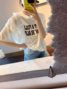 智研 韩国夏季纯棉白色雪纺拼接设计荷叶边黑字母休闲t恤