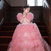 裙模特走秀礼服童冬季粉色欧美风儿童钢琴，演出服装拖尾花童女公主