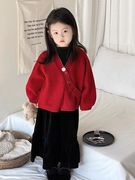 韩系童装2023秋冬装女童气质红色毛衣儿童时髦开衫针织衫上衣