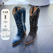 韩国女鞋琪琪2021年秋季复古牛仔靴罗马切儿西雕花方跟西部靴