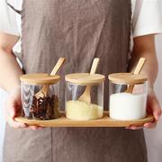 厨房用品调料罐调味盒玻璃三件套装家用组合竹托装油盐调味瓶