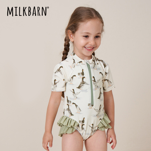 milkbarn夏季儿童连体泳衣，宝宝短袖三角泳装女孩，荷叶边泳衣裤
