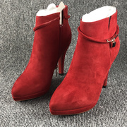 36断码处理真皮女鞋时装靴子红色，短靴尖头细跟裸靴高跟单(高跟单)靴百搭潮