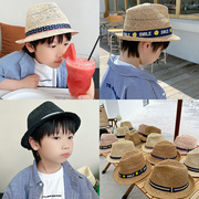 儿童帽子夏季男童手工编织草帽，男孩礼帽遮阳帽，时尚帅气亲子沙滩帽