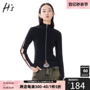 hs奥莱2022冬季女装商场，同款含羊毛，黑色镂空时髦立领针织开衫