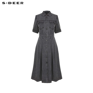 sdeer圣迪奥女装时尚，做旧收腰衬衫，牛仔连衣裙s233z12a9