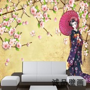 日本樱花纸伞少女墙纸日式和服，雨伞仕女壁纸和服日系美女女子壁画