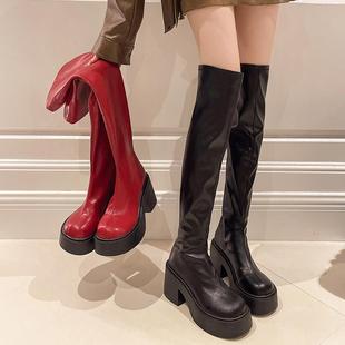 过膝长筒靴子女厚底增高2024春秋新款弹力瘦瘦靴欧美高筒辣妹长靴