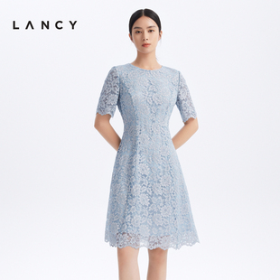 LANCY/朗姿女装2023夏季收腰短袖蕾丝礼服连衣裙女显瘦高级感