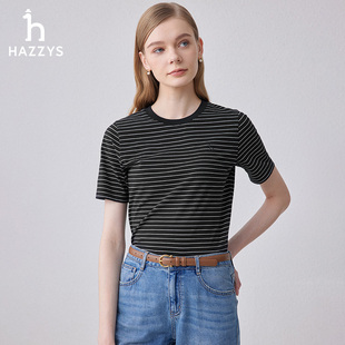 商场同款Hazzys哈吉斯圆领细条纹短袖T恤女夏季休闲体恤