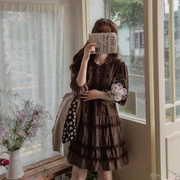 秋季女装韩国leelin甜美田园风七分袖减龄显瘦舒适连衣裙