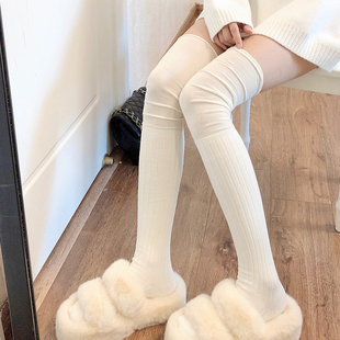 秋冬奶白色长筒袜女卡其色过膝袜米色大腿袜日系拼接高筒袜堆堆袜