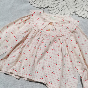 3件100-140女童秋款韩系全棉米色樱桃宽松娃娃，衫衬衫长