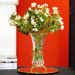 费灵家居欧式玻璃镶黄铜奢华花瓶 艺术花插美式客厅玄关水培花器