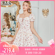 艾丽丝2024年夏季印花雪纺连衣裙女泡泡袖粉色甜美公主风短裙