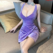 紫色丝绒深v领低胸，性感辣妹夜店不规则礼服，短裙修身包臀连衣裙女