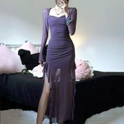 氛围感紫色网纱透视方领长袖连衣裙女纯欲气质荷叶边收腰开叉长裙