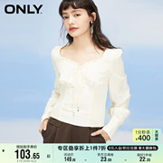 only奥莱夏季时尚满印碎花短款木耳边长袖雪纺衫女