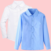 女童白色衬衫春秋小学生纯棉圆领，寸衣校服女孩，中大童长袖蓝色衬衣