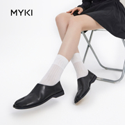 MYKI系带一脚蹬真皮平底单鞋低跟英伦复古法式百搭小皮鞋女