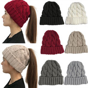 毛线帽子女士冬季针织帽防风，护耳套头帽，空顶秋冬女孩无顶露马尾帽
