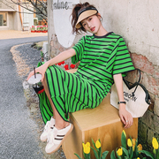 法式绿色条纹显身材连衣裙女2023夏季气质洋气显瘦 T恤长裙子