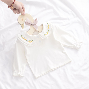 女童打底衫纯棉新生婴儿t恤长袖女童衬衣公主，白色绣花翻领娃娃衫