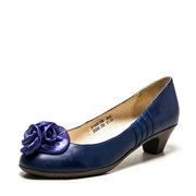 真皮女鞋子圆头花朵蓝色羊皮，单鞋舒适粗跟复古文艺中跟rz93sc1496