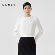 LANCY/朗姿2024春季真丝白衬衫通勤设计感法式捏褶套头上衣女