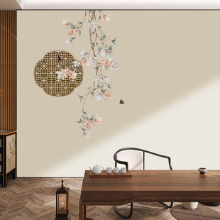 新中式淡雅古筝客厅国风，背景墙布茶室卧室玉兰，花鸟壁画餐厅墙壁纸