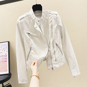 韩国春秋2023修身机车真皮米，白色皮衣女士，短款宽松时尚小外套