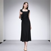 2024夏季女装法式方领抽褶显瘦气质，优雅小黑裙鱼尾裙摆连衣裙