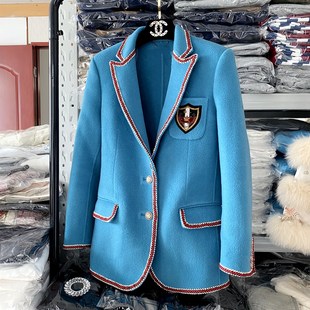 地球店 羊绒羊毛蓝色西服外套学院上衣 2023年秋季欧货西装领外套