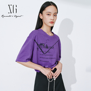 xg雪歌钉珠点缀深紫色短袖，t恤2024春季字母，印花纯棉上衣女装