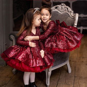 圣诞节女童长袖公主裙蓬蓬纱儿童礼服公主裙洋气走秀礼服红色亮片