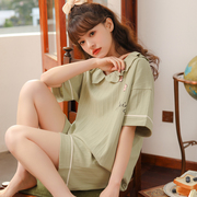 睡衣女夏季纯棉可爱韩版短袖薄款两件套装，学生可外穿春秋天家居服