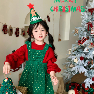 萌c童品女童圣诞背带裙女宝宝可爱墨绿波，点连衣裙儿童氛围感裙子