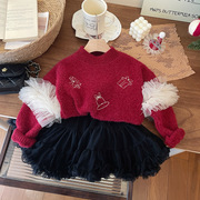 韩国冬装新年女童酒红色雪尼尔绒绒毛衣网纱公主风小童加厚针织衫