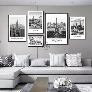 建筑风景黑白装饰画，埃菲尔铁塔竖版城市海报，挂画现代抽象壁挂画