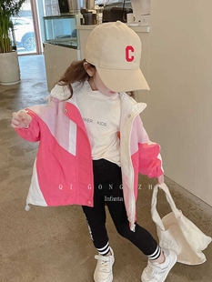 韩系女童冲锋衣秋装2022儿童粉色开衫外套小女孩连帽夹克上衣