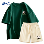 回力男生套装潮牌熊猫高级感绿色休闲装一套纯棉重磅短袖短裤男夏
