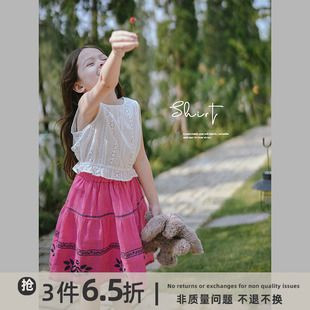 史豌豆(史豌豆)女童，镂空绣花俏皮收腰无袖衬衫，2023夏季宝宝洋气短上衣