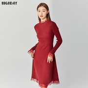 highday轩日2023冬红色，女裙拼接立领，修身长袖针织打底连衣裙