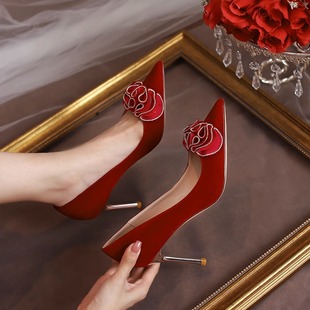 花朵秀禾结婚鞋子女，中式新娘鞋2023年夏季小众红色婚礼高跟鞋