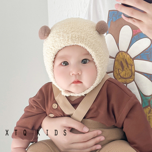 婴儿帽子秋冬季小月龄可爱超萌保暖男女宝宝护耳毛绒套(毛，绒套)头帽纯色潮