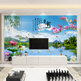 5d中式客厅电视背景墙壁纸，8d立体壁画山水，风景影视墙布3d墙纸荷花