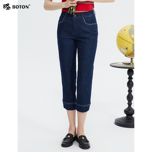 波顿女士2024年深蓝色直筒七分牛仔裤美式休闲裤子