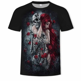 红发美女玫瑰骷髅拥抱3D印花T恤恶魔图案短袖个性创意上衣男衣服