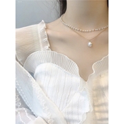 珍珠项链双层叠带搭配裙子，仙女风锁骨链女气质，名媛套链夸张高级感